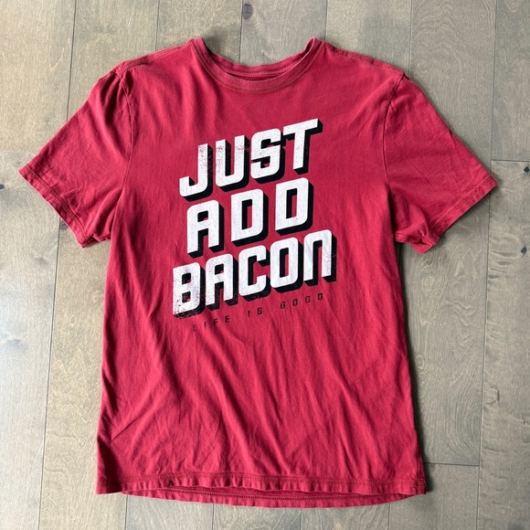 Life Is Good Red Just Add Bacon Graphic Tee Men’s Size Small Short Sleeve - Picture 2 of 6